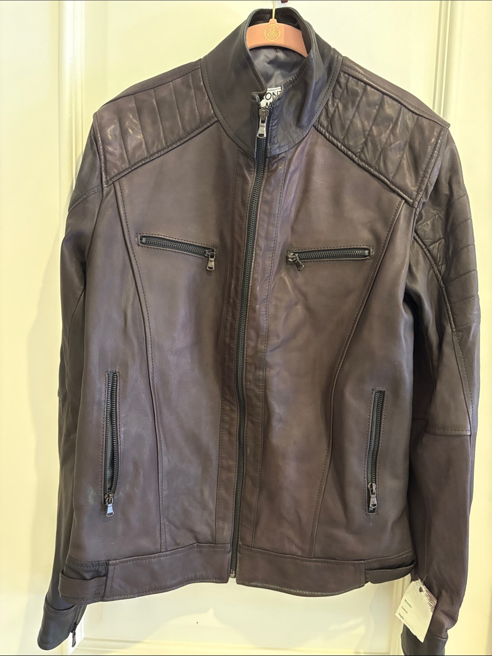 Men's Dark Brown Leather Bomber Jacket with Quilted Shoulders